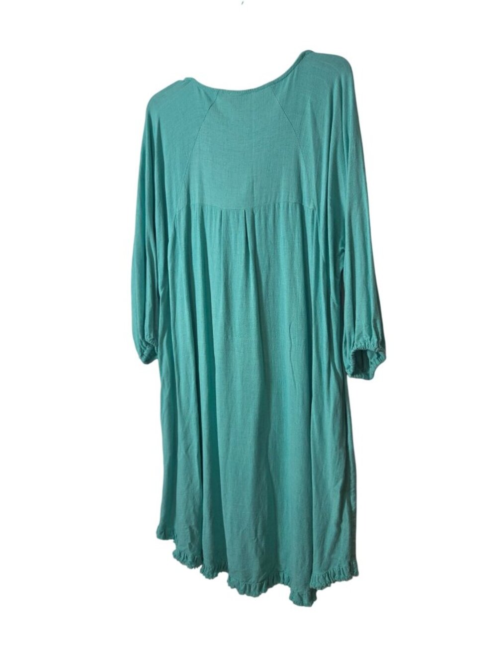Umgee+ Turquoise Linen-Cotton Midi Dress 3/4 Sleeves Keyhole Neckline Ruffled He - Picture 11 of 12